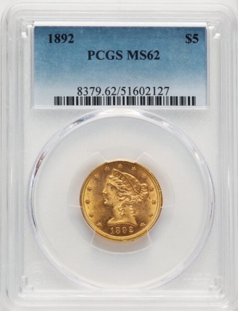 1892 $5 Liberty Half Eagle MS62